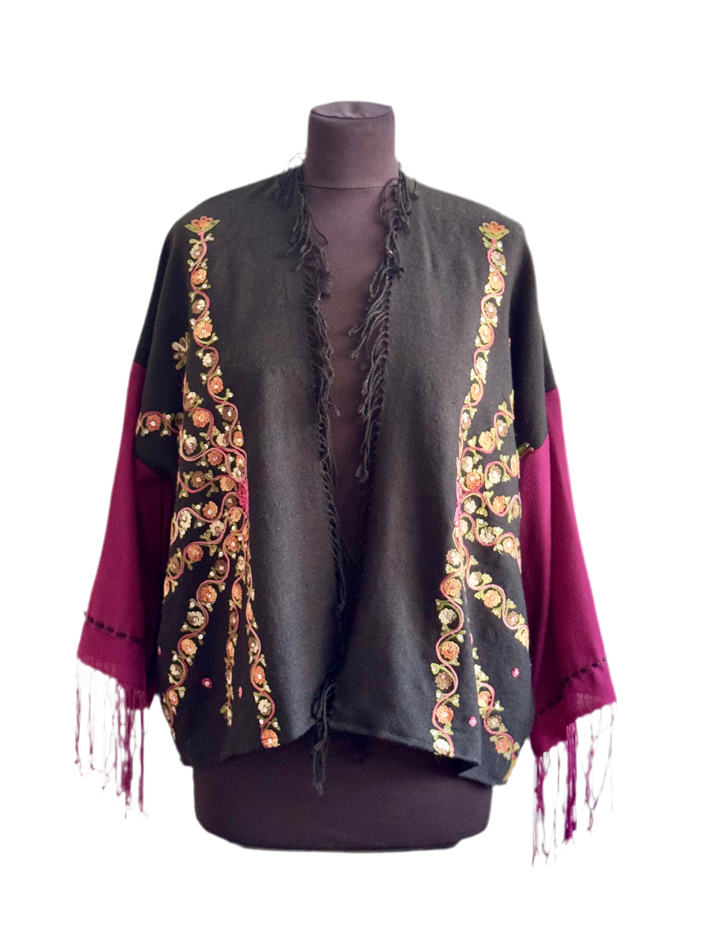 The desi jacket Upcycled & handmade from textile waste is a one size fits most easy to wear style.