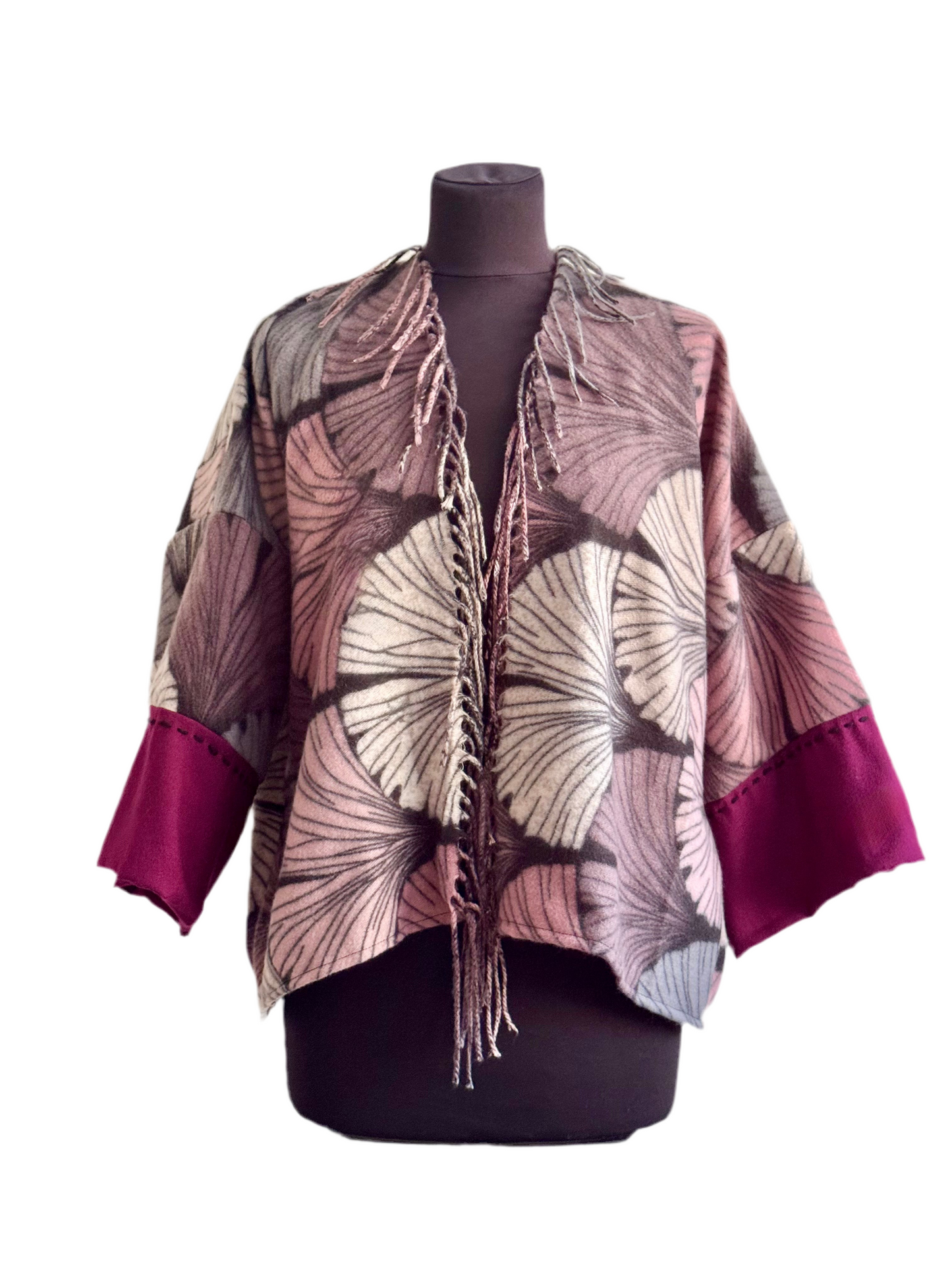 The desi jacket Upcycled & handmade from textile waste is a one size fits most easy to wear style.