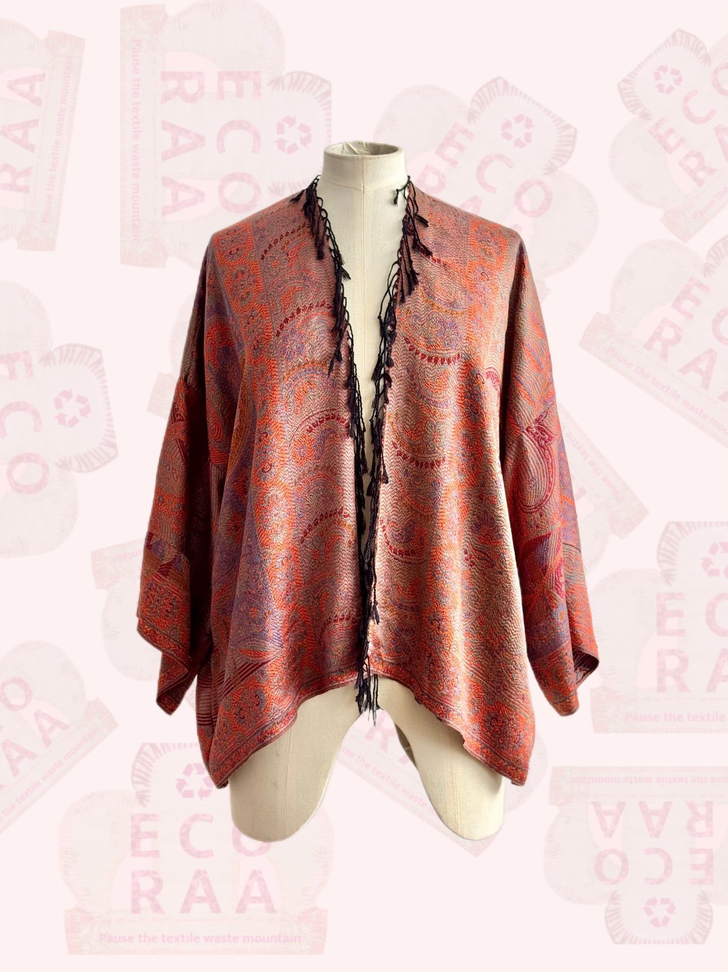 The desi jacket Upcycled & handmade from textile waste is a one size fits most easy to wear style.