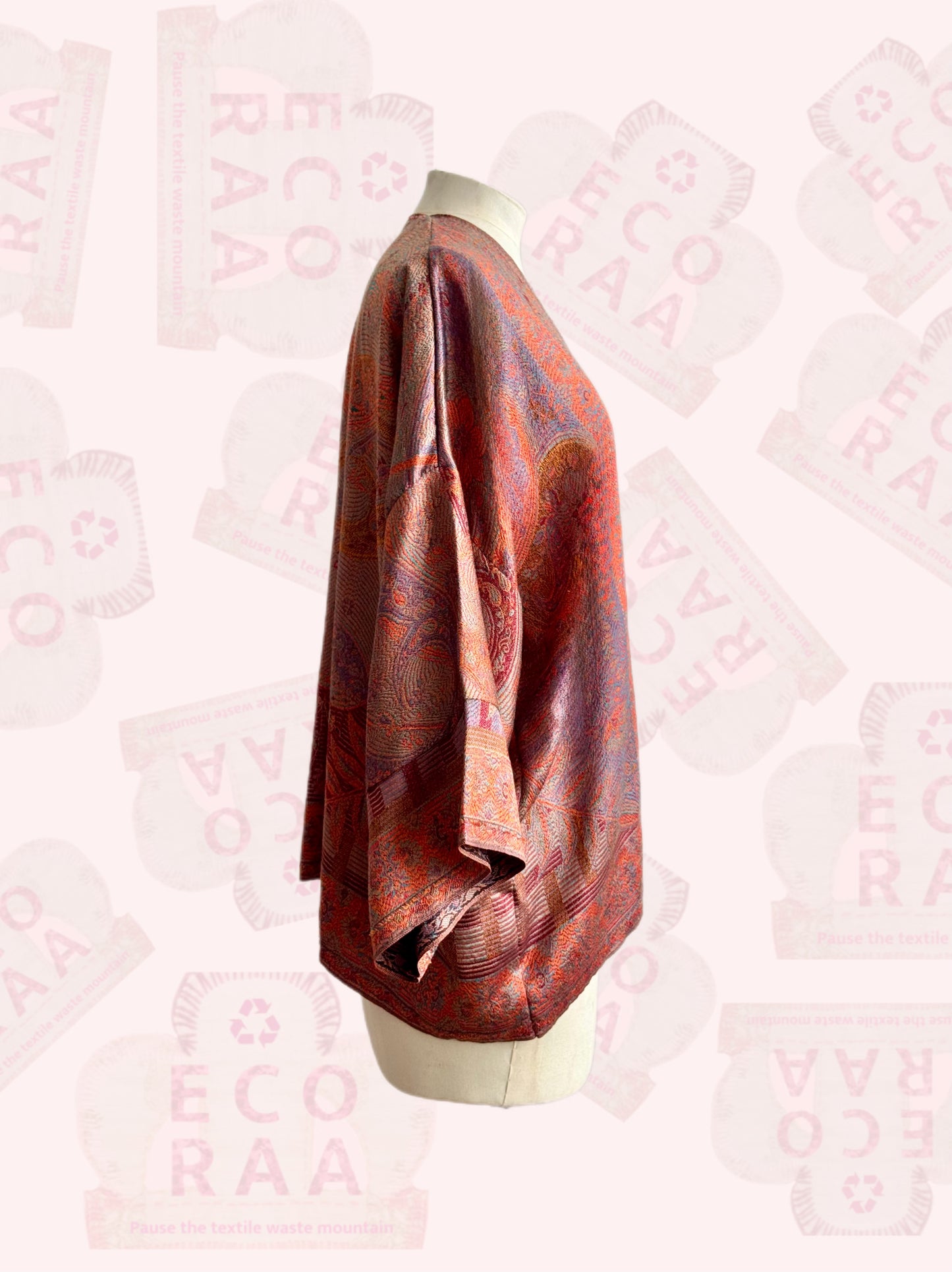The desi jacket Upcycled & handmade from textile waste is a one size fits most easy to wear style.
