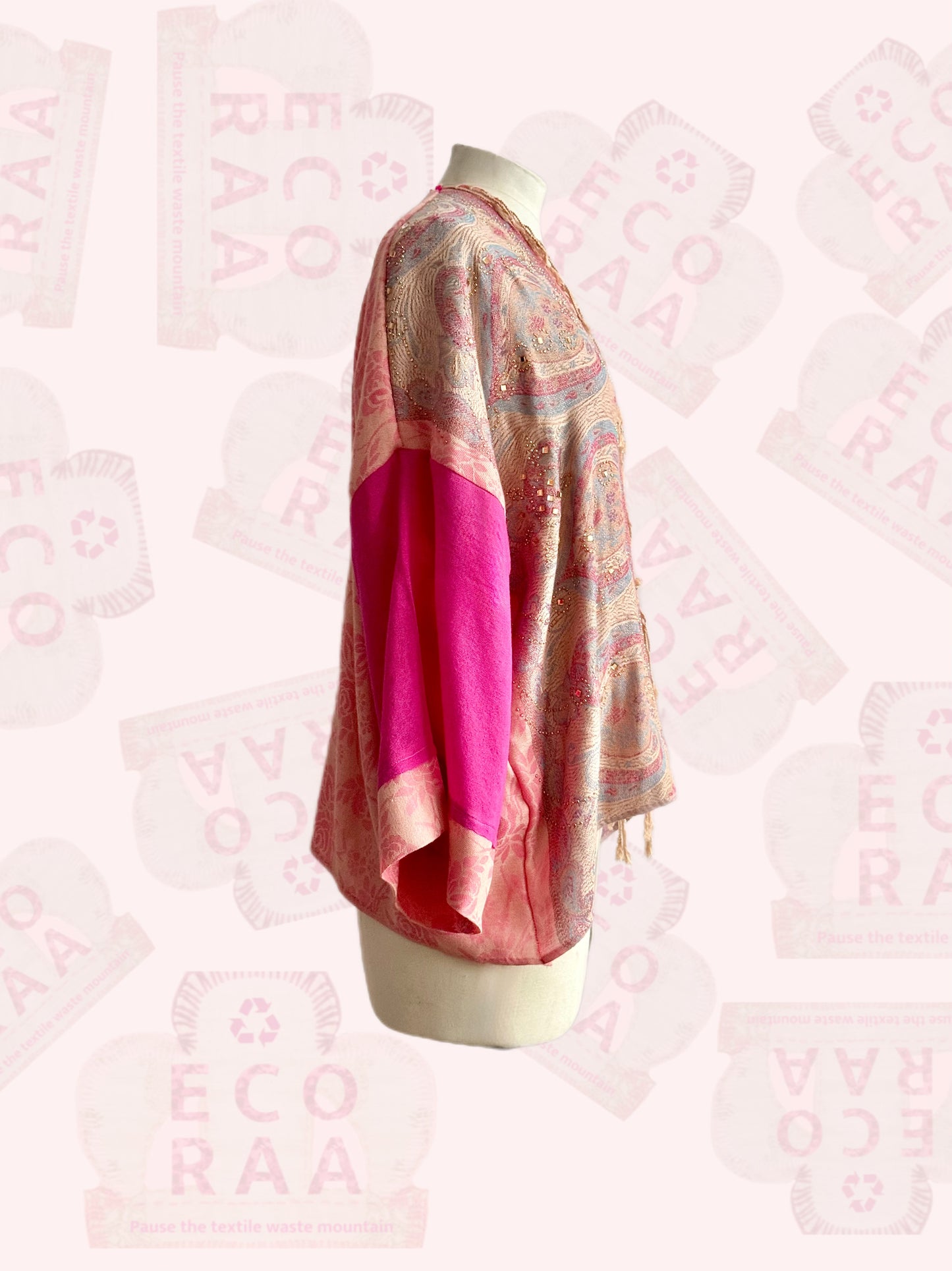 The desi jacket Upcycled & handmade from textile waste is a one size fits most easy to wear style.