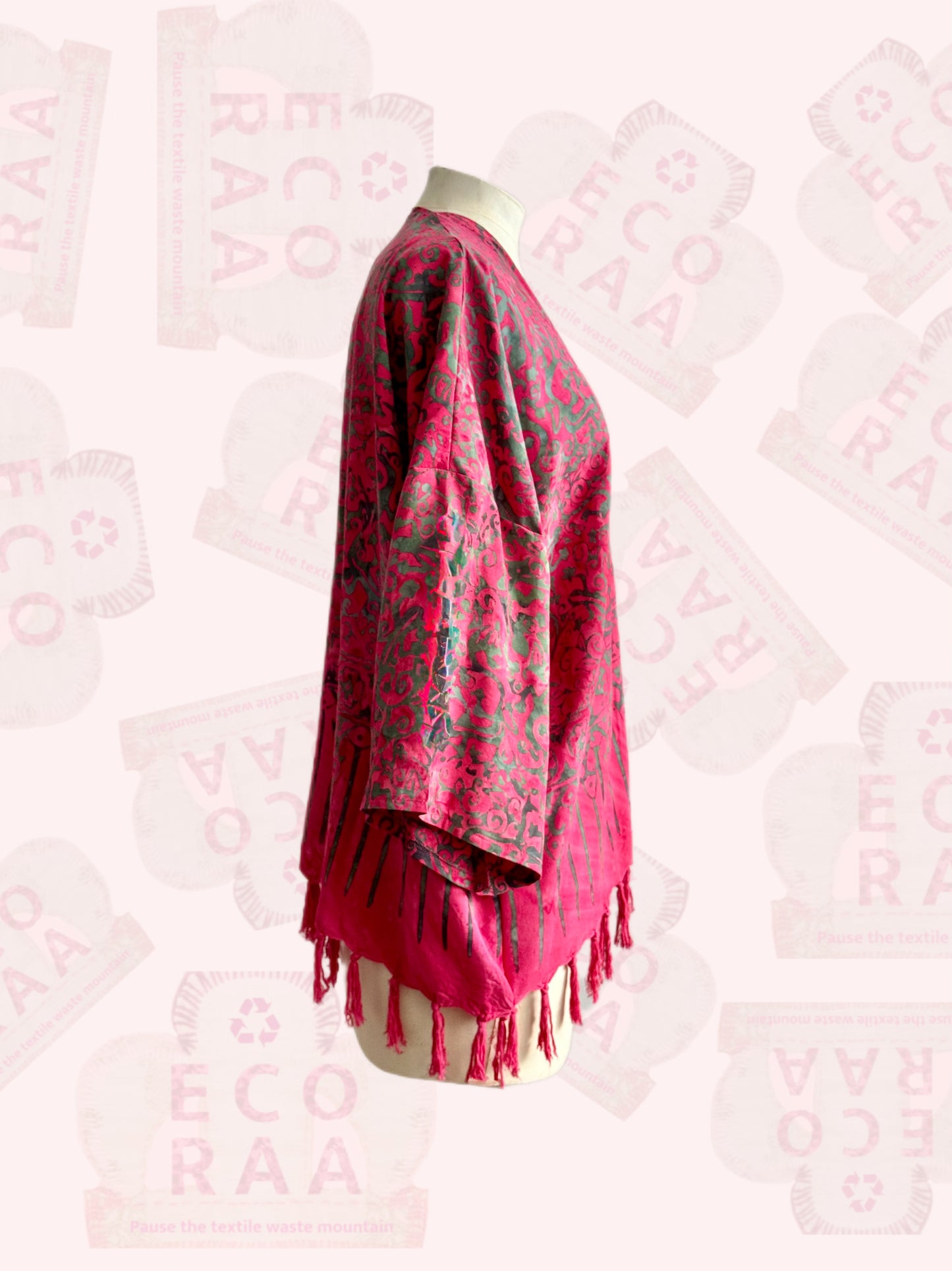 The desi jacket Upcycled & handmade from textile waste is a one size fits most easy to wear style.