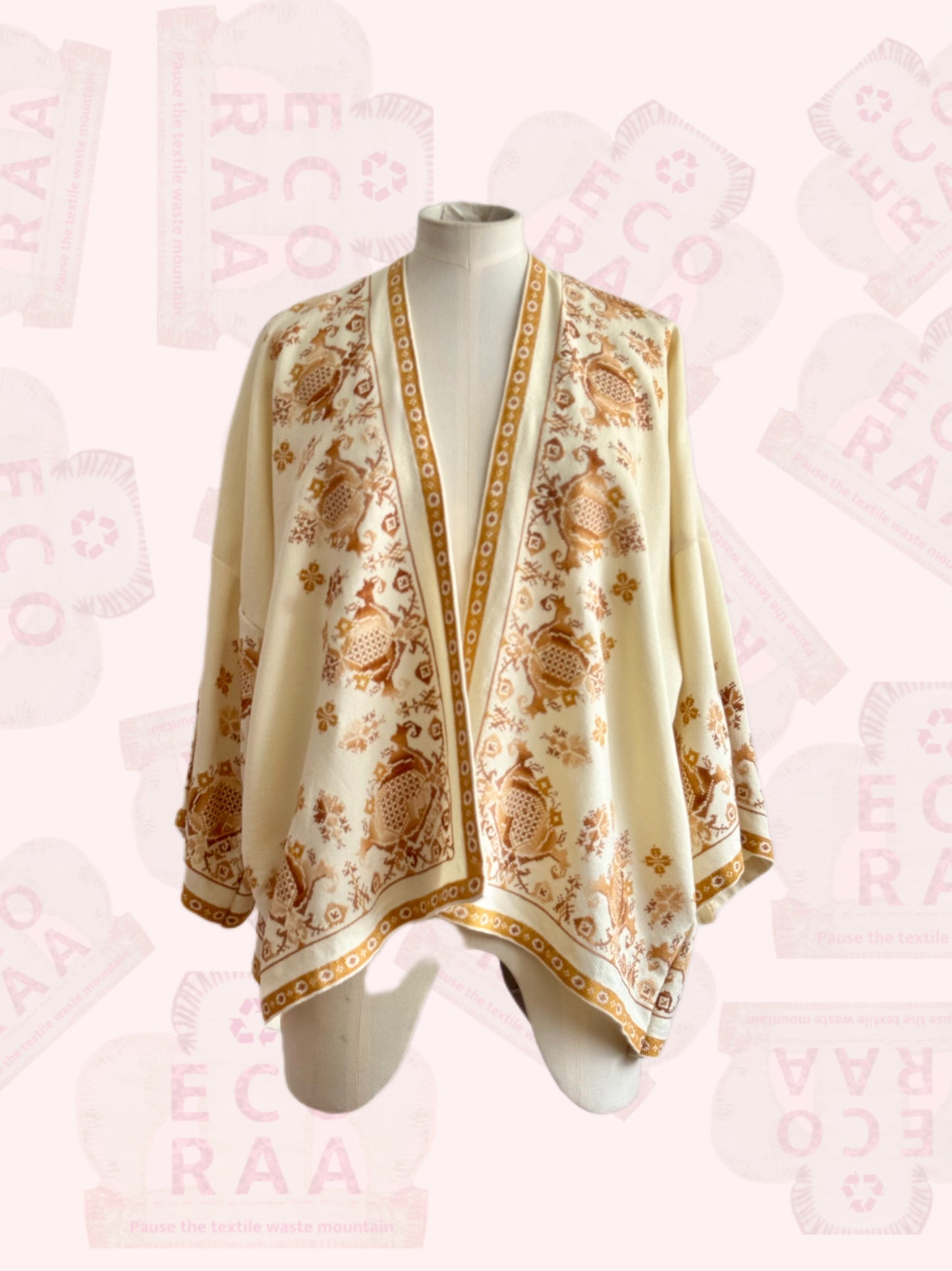 The desi jacket Upcycled & handmade from textile waste is a one size fits most easy to wear style.
