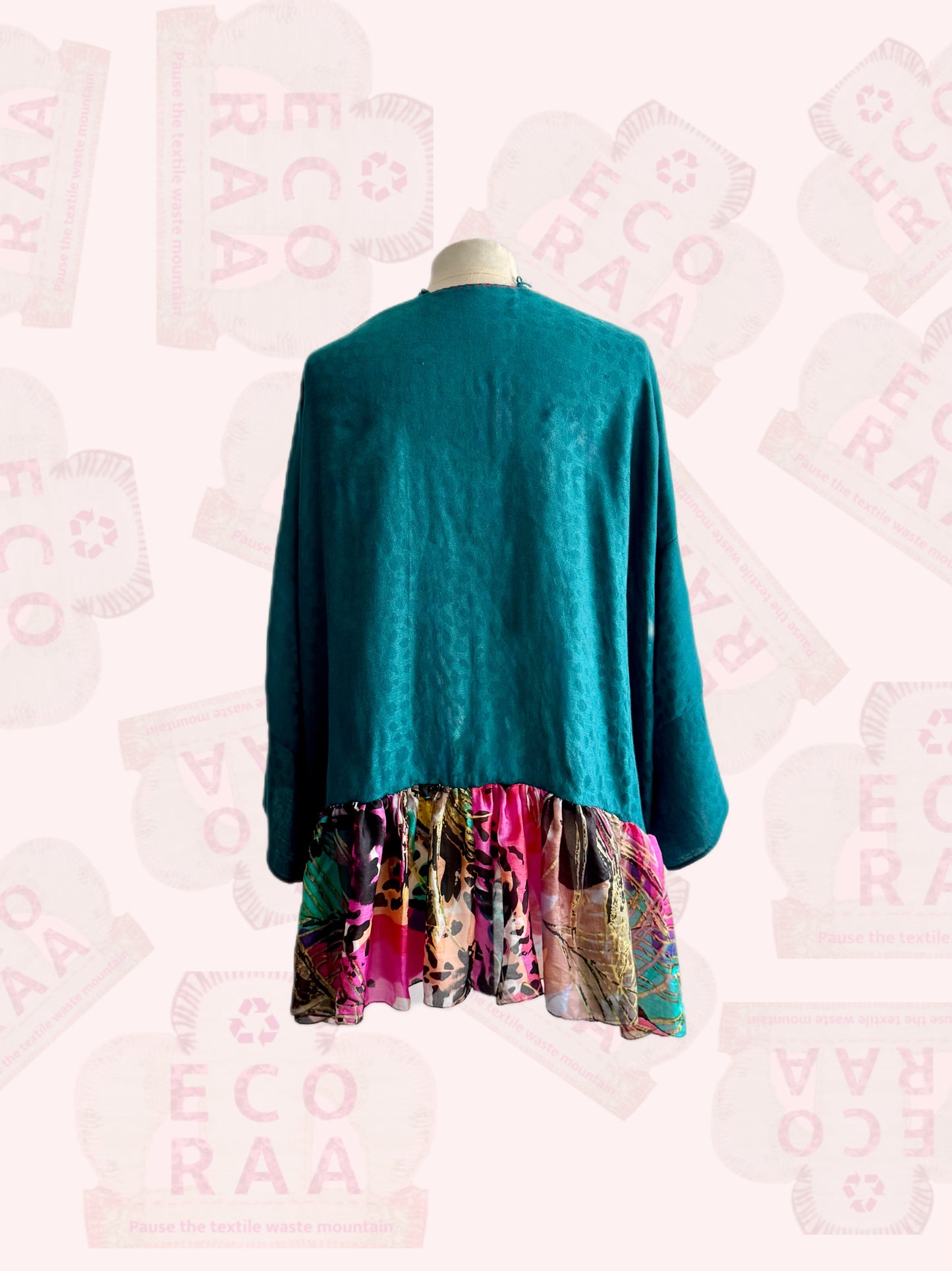 The desi jacket Upcycled & handmade from textile waste is a one size fits most easy to wear style.