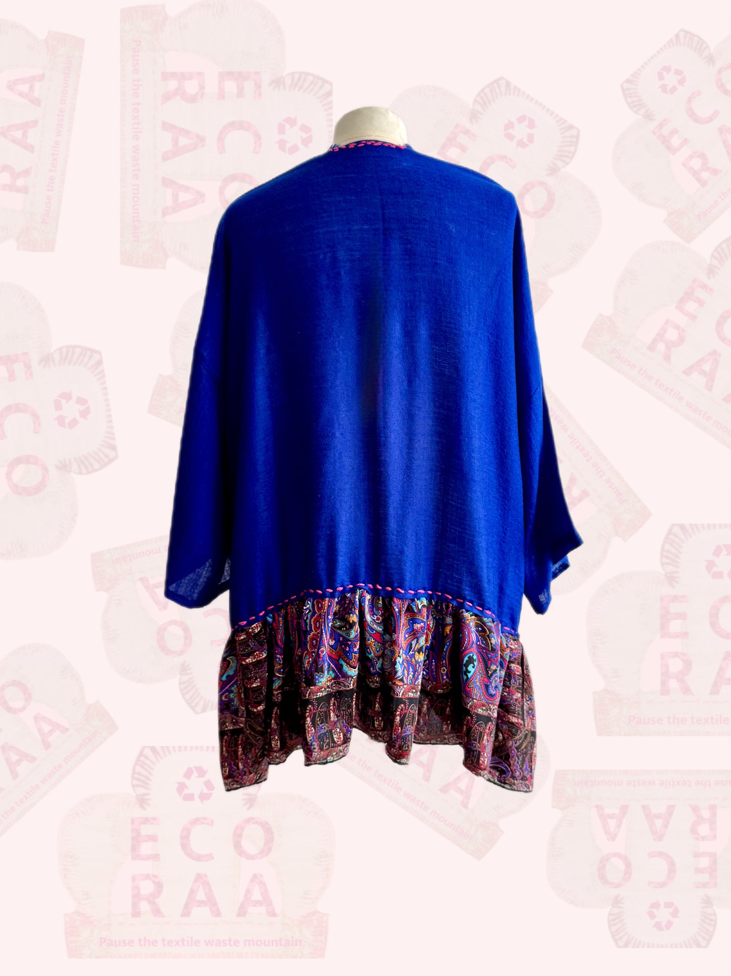 The desi jacket Upcycled & handmade from textile waste is a one size fits most easy to wear style.