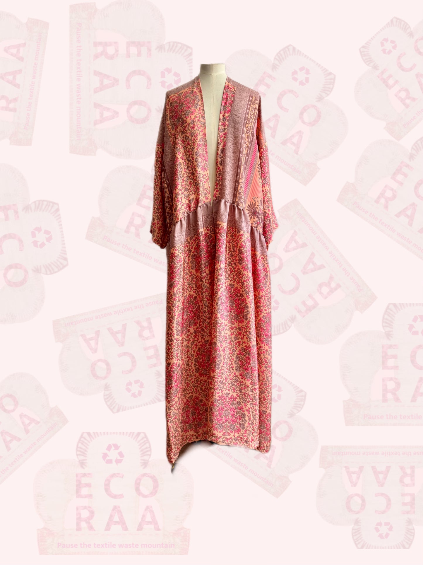 Upcycled & handmade sustainable boho desi kimono made from a used sari & textile waste.