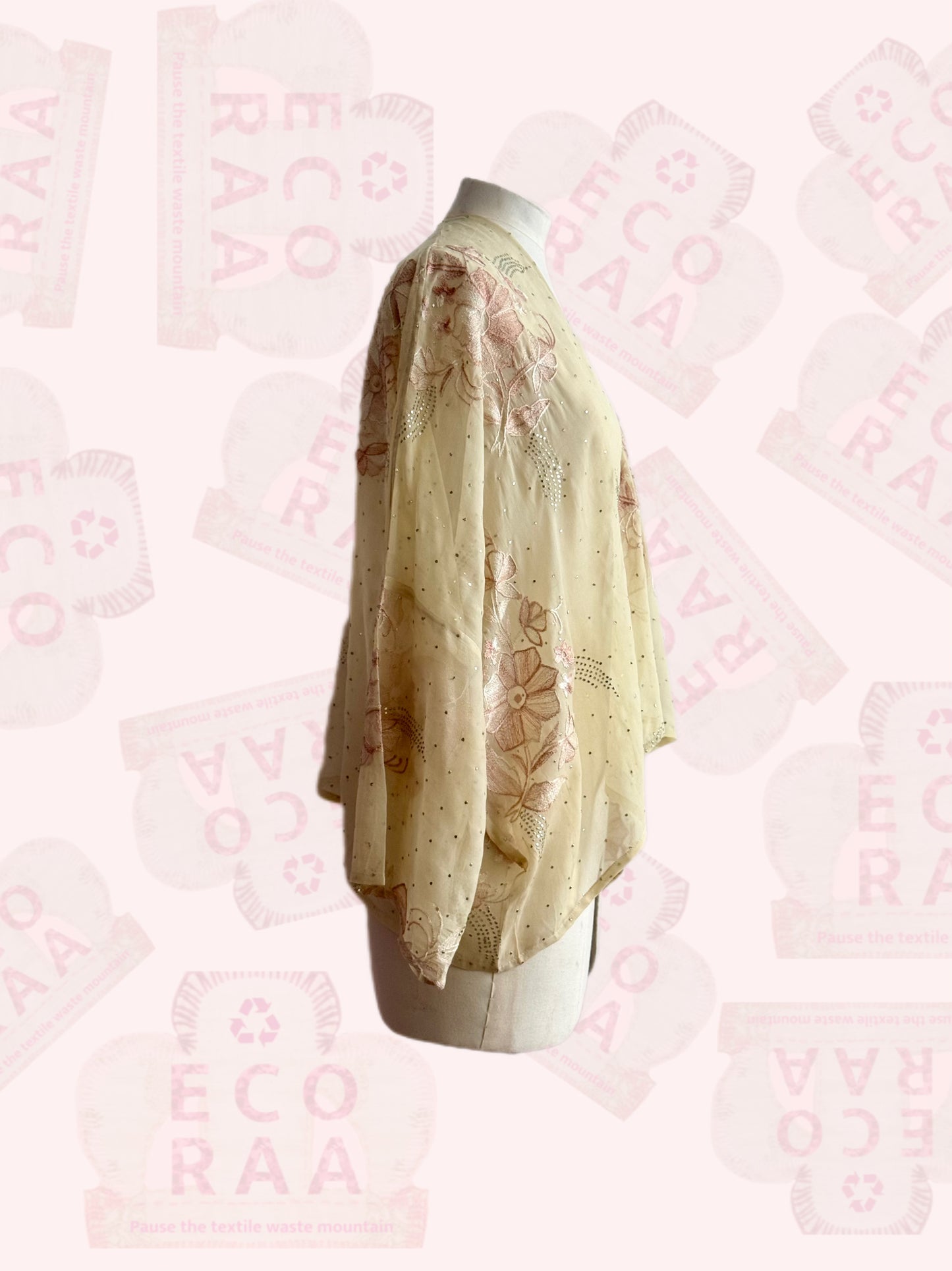 The desi jacket Upcycled & handmade from textile waste is a one size fits most easy to wear style.