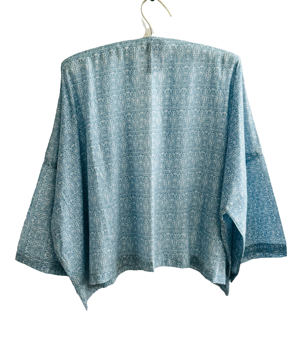 The desi jacket Upcycled & handmade from textile waste is a one size fits most easy to wear style.