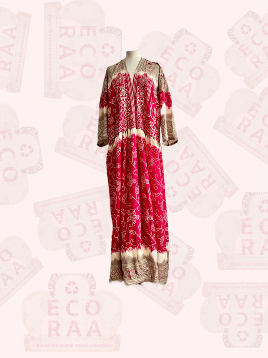 Upcycled & handmade sustainable boho desi kimono made from a used sari & textile waste.