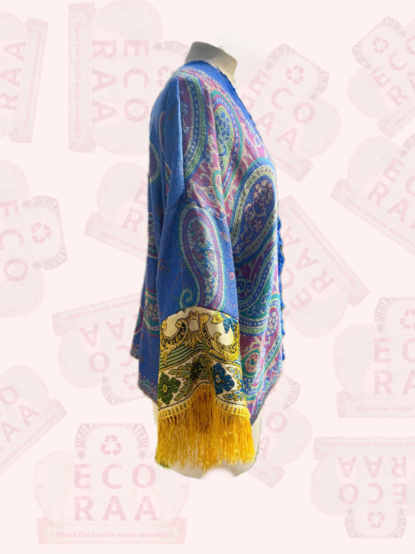 The desi jacket  Upcycled & handmade from textile waste is a one size fits most easy to wear style.