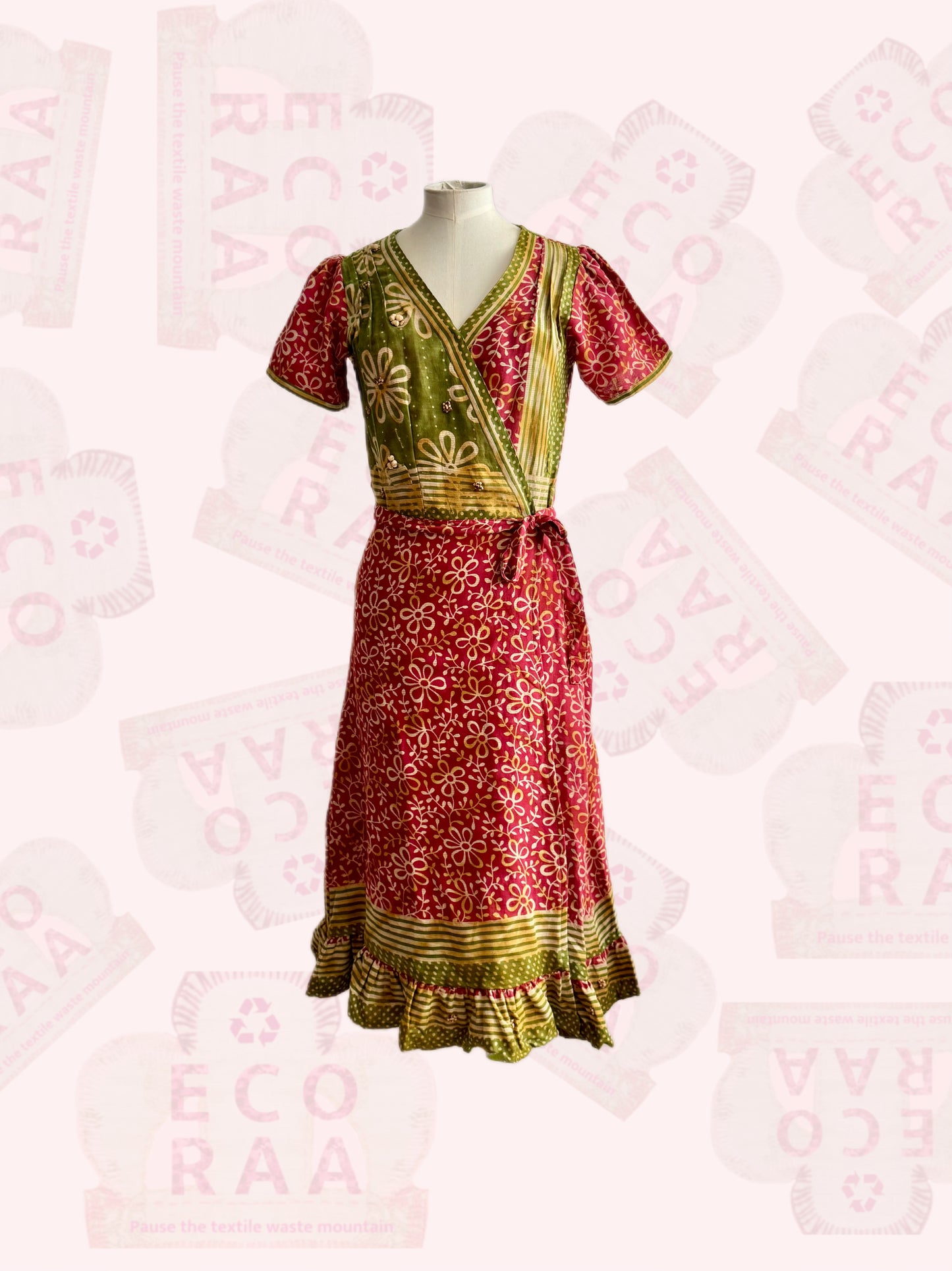 Upcycled & handmade wrap dress from a textile waste sari.