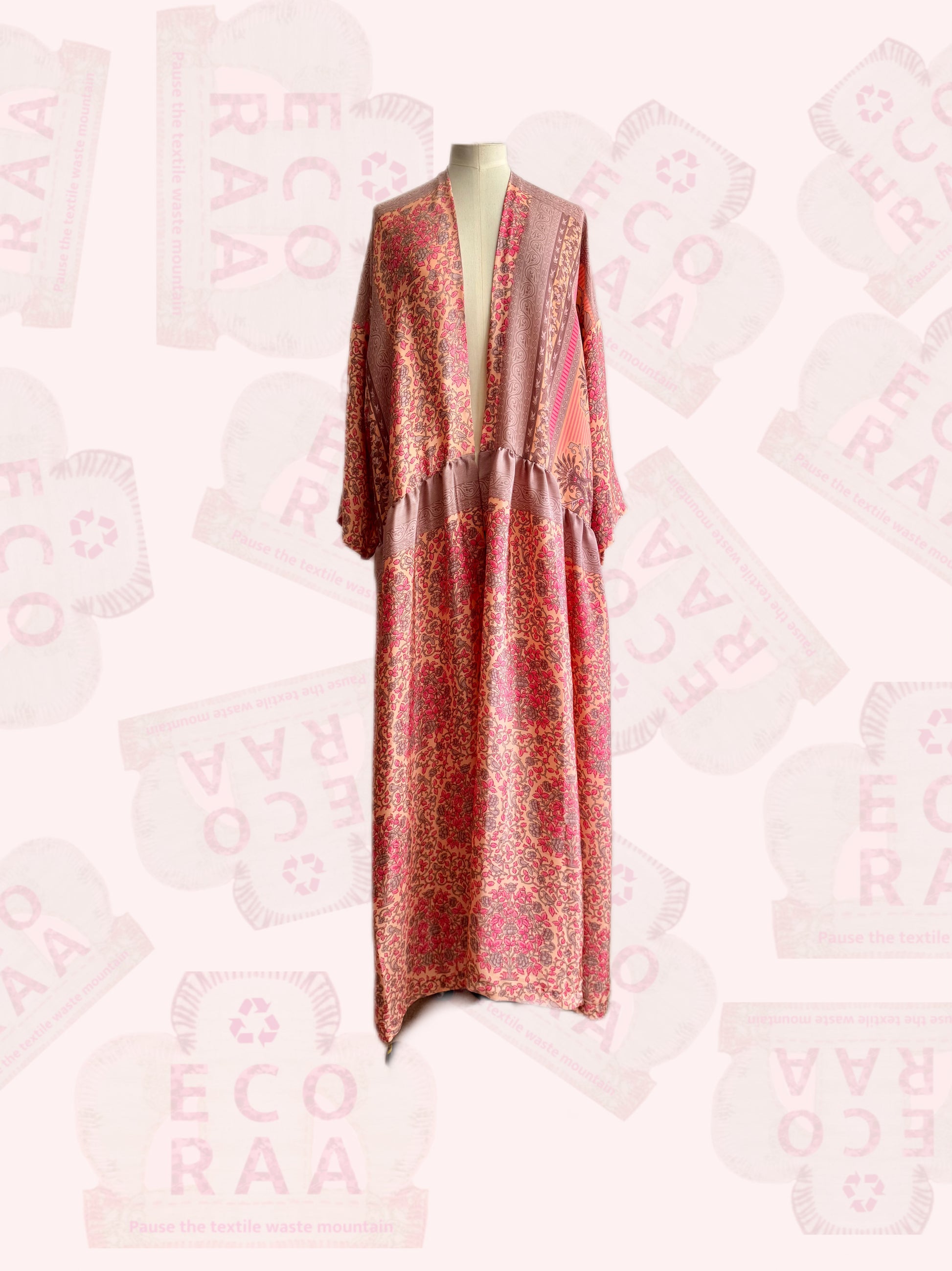 Upcycled & handmade sustainable boho desi kimono made from a used sari & textile waste.