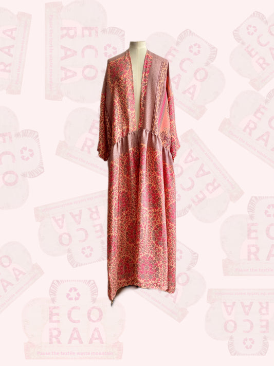 Upcycled & handmade sustainable boho desi kimono made from a used sari & textile waste.
