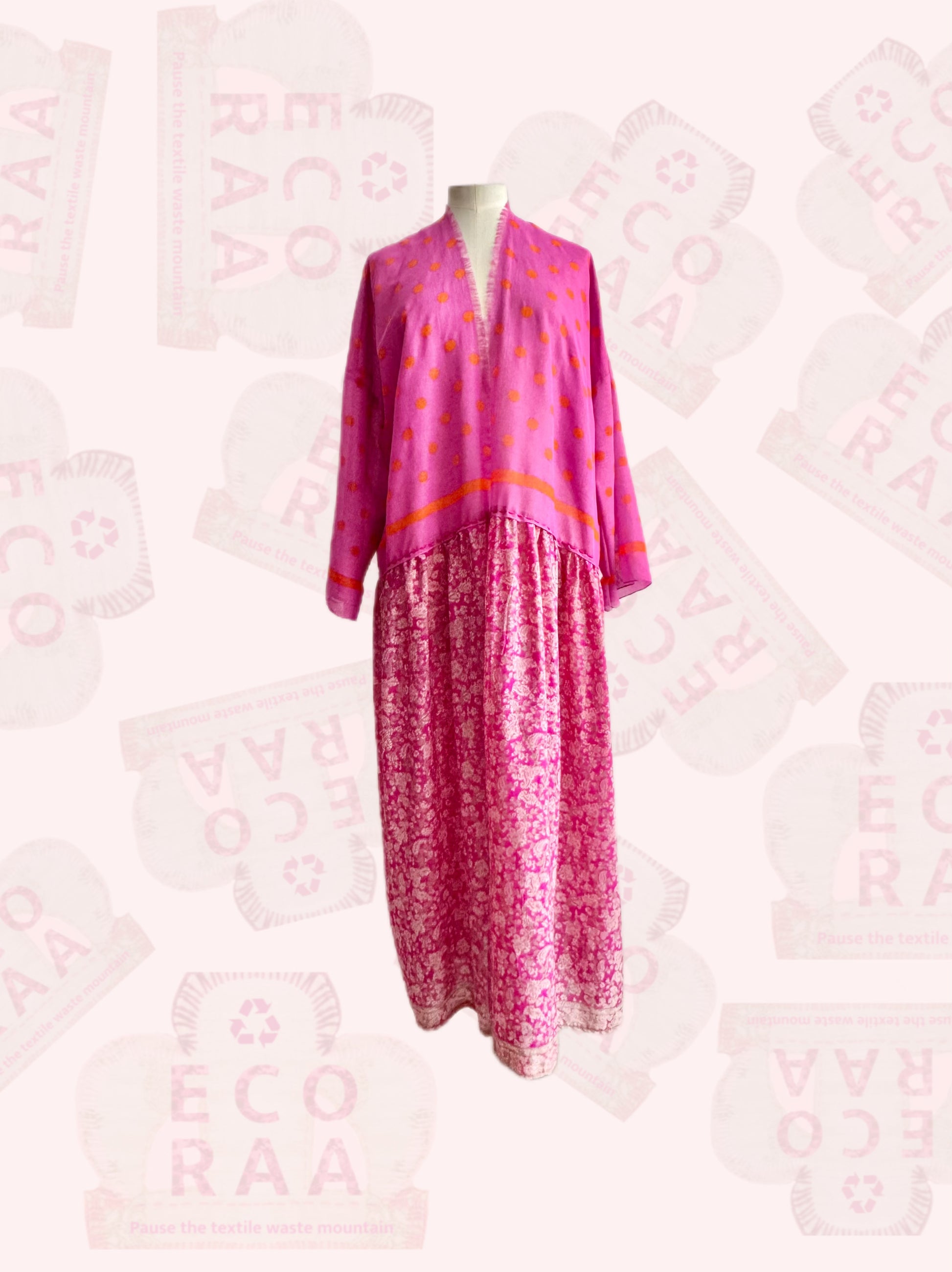 Upcycled & handmade sustainable boho desi kimono made from a used sari & textile waste.