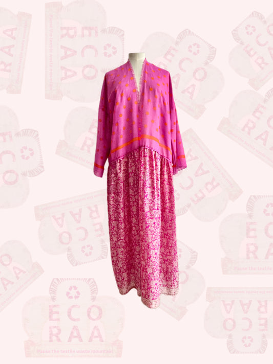 Upcycled & handmade sustainable boho desi kimono made from a used sari & textile waste.